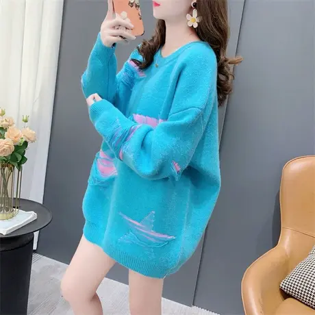 设计感破洞五角星圆领毛衣女2023年新款秋冬宽松洋气百搭软糯上衣图片