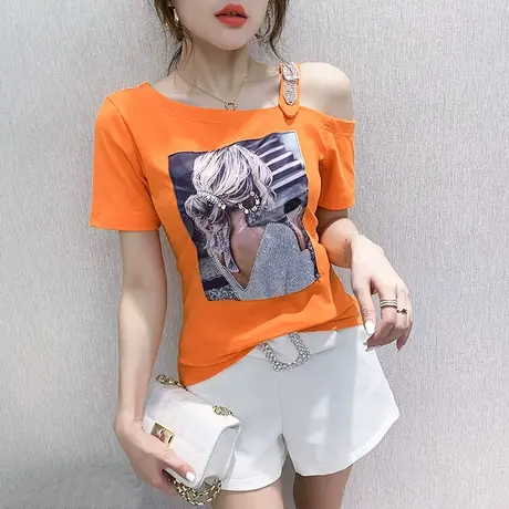 性感露肩气质女装烫钻印花网红t恤女ins超火短袖小众设计感上衣潮图片