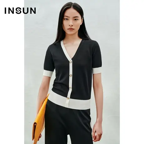 INSUN恩裳线上专选夏季撞色V领复古针织衫商品大图