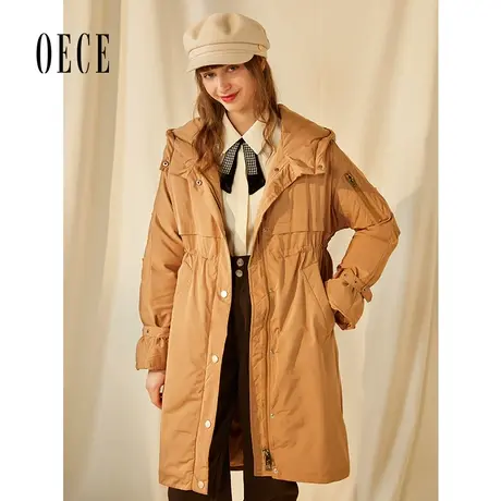 Oece冬装新款女 复古大气连帽羽绒服中长款连帽外套图片
