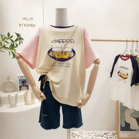 ins原宿风复古设计感撞色上衣2022夏季新款韩国东大门短袖T恤宽松图片