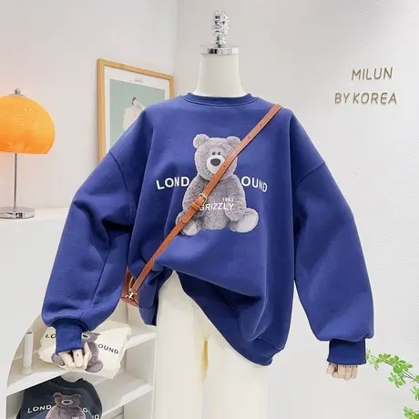 ins韩系休闲慵懒风加绒卫衣2022秋冬季款摇粒绒小熊上衣包臀大码商品大图