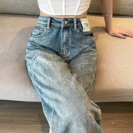 破洞高腰阔腿牛仔裤女春秋新款2023年新款直筒宽松复古水洗拖地裤商品大图