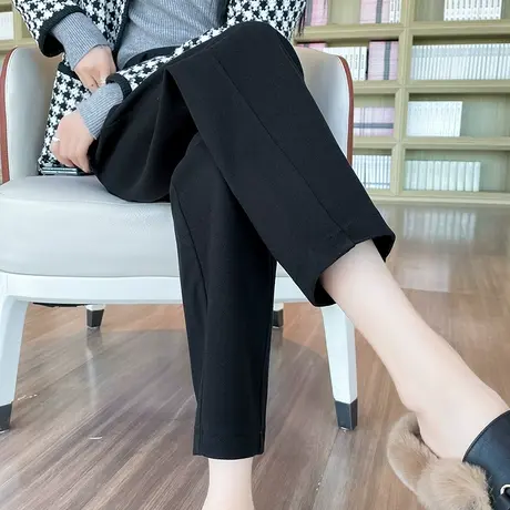 黑色毛呢裤女秋冬新款加厚小个子烟管靴裤呢子九分直筒萝卜哈伦裤图片