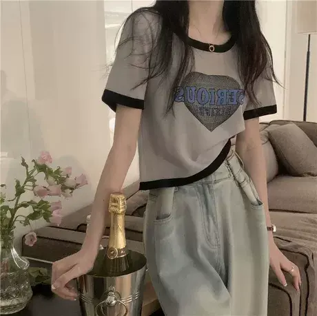 撞色短袖t恤女短款高腰夏季修身显瘦法式小众设计感别致上衣ins潮商品大图
