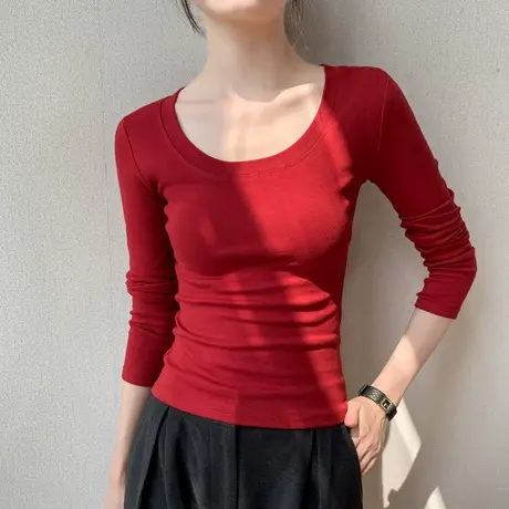 大圆领长袖T恤女2025早秋新品纯棉西装内搭纯色基础款打底衫上衣商品大图