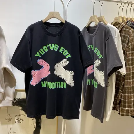 春季洋气时髦简约大气两只兔子字母印花圆领短袖t恤女宽松打底衫商品大图