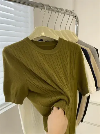 ins韩国灰麻花针织短袖女早秋新款气质百搭半袖T恤圆领毛衣打底衫图片