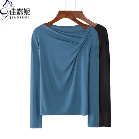 早秋新款圆领褶皱纯色简约百搭长袖T恤宽松直筒休闲轻熟风 上衣女商品大图