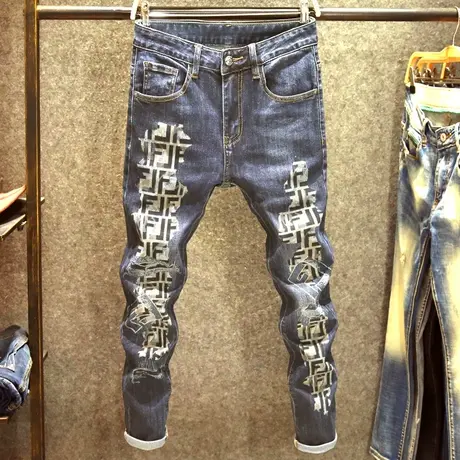 秋冬款高端个性印花牛仔裤男潮牌弹力修身裤子蓝色时尚百搭小脚裤商品大图