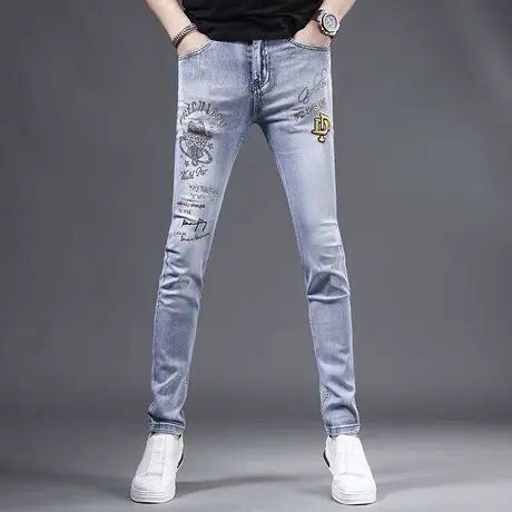 2023新款爆款刺绣牛仔裤男款修身小脚裤浅色弹力潮牌高端男士裤子商品大图