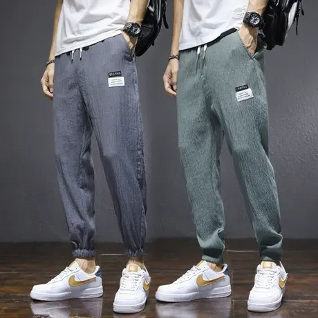 冰丝休闲裤子男士夏季超薄款亚麻九分裤宽松束脚棉麻运动裤潮流牌商品大图