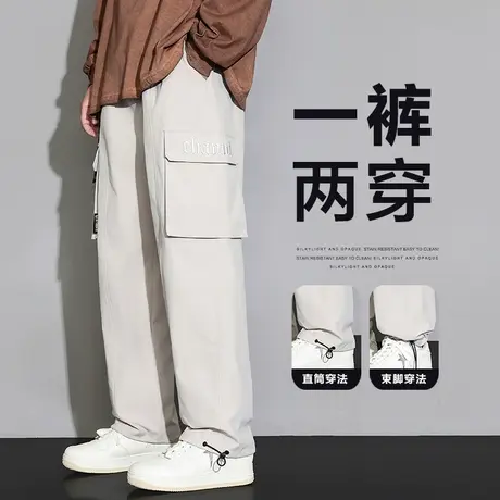 春季男士日系港风潮牌休闲裤子春秋款男生多口袋抽绳束脚阔腿工装商品大图