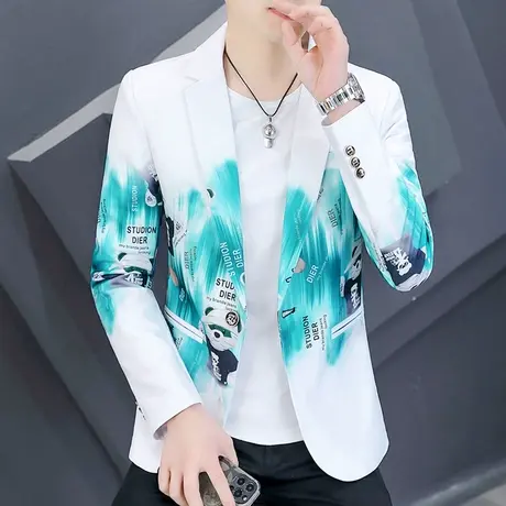 春装韩版修身印花小西装男士潮牌痞帅上衣服ins个性拼色西服外套商品大图