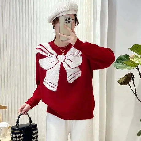 红色女毛衣加厚针织衫冬装2023年新款本命年打底衫宽松百搭女内搭商品大图