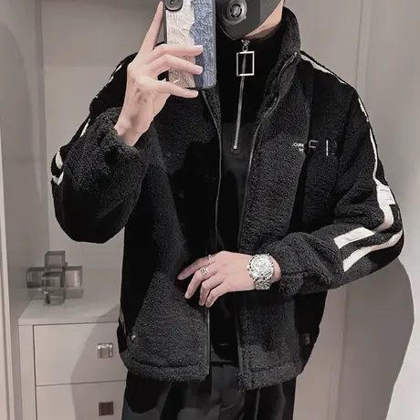 羊羔毛外套男冬季爆款美式潮牌字母刺绣上衣冬款加厚摇粒绒棉衣图片