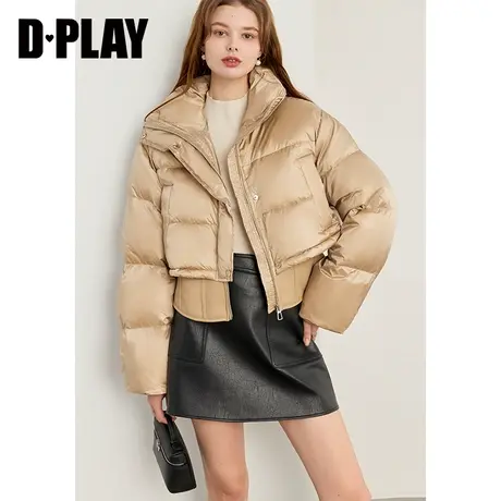 DPLAY冬气质燕麦奶茶PU皮收腰小软包加厚保暖羽绒服外套商品大图