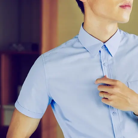 蓝色衬衫男短袖职业免烫新款灰衬衣纯色商务工作服面试正装称衫男图片