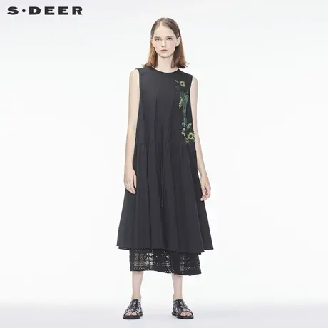 sdeer圣迪奥秋装女新款复古绣花系带钩花无袖连衣裙女S18361236图片