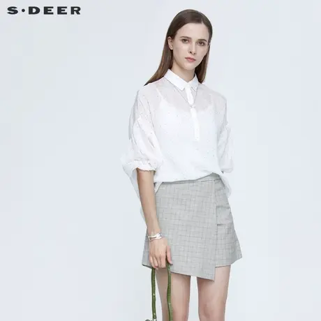 sdeer圣迪奥夏装翻领波点印花泡泡袖白色衬衫女S21260511图片
