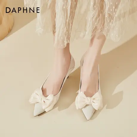 达芙妮蝴蝶结高跟鞋女鞋2022年新款细跟尖头小皮鞋法式白色高根鞋商品大图