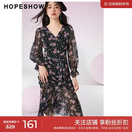 红袖outlets雪纺碎花裙hopeshow春季新款女装收腰V领套头连衣裙图片