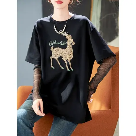 宝诗黎圆领假两件亮片刺绣长袖T恤2024春季新款长袖时尚棉质上衣图片