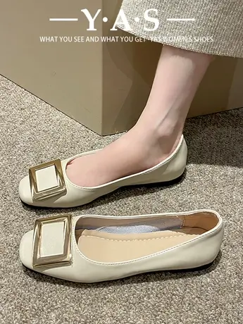 法式方扣单鞋女2024秋冬新款方头浅口漆皮低跟女鞋百搭平底工作鞋商品大图