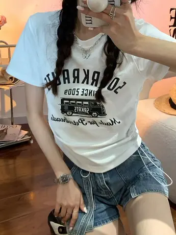 短袖t恤女2024夏季新款复古美式印花上衣修身显瘦辣妹正肩体恤潮商品大图