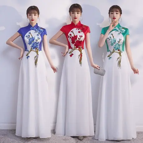 2023新旗袍演出服晚礼服裙中国风舞台走秀长款礼仪服装女年会迎宾商品大图