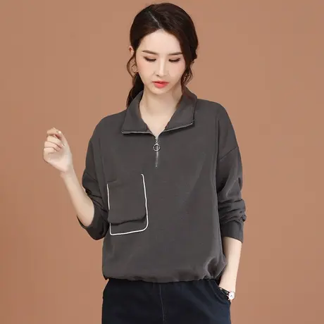 韩潮袭人立领拼接长袖卫衣女2024春季新款百搭休闲显瘦T恤上衣图片