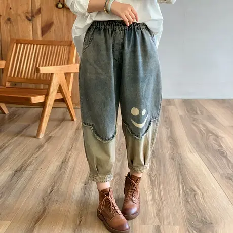 dza 高腰显瘦复古拼接笑脸牛仔裤子女早春新款宽松阔腿裤休闲女裤商品大图
