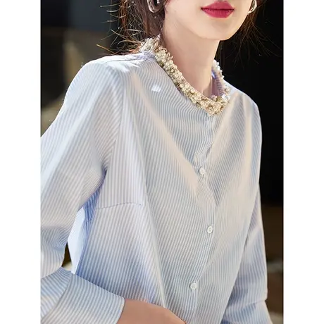 宝诗黎OL气质钉珠条纹衬衫女2024春季新款韩系宽松百搭棉质衬衣商品大图