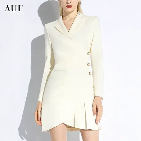 AUI杏色职业气质西装连衣裙女2024春新款通勤减龄百褶修身中长裙图片