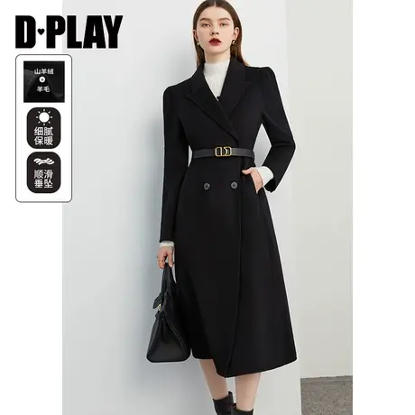 DPLAY【黑标】冬新通勤风经典黑戗驳领双排扣双面羊毛呢大衣图片