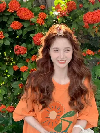 橘色短袖t恤女夏季美式复古宽松圆领小众设计感半袖上衣oversize图片