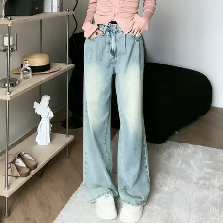 尔给水洗高腰阔腿牛仔裤女2024年早春新款梨形身材裤子宽松直筒图片