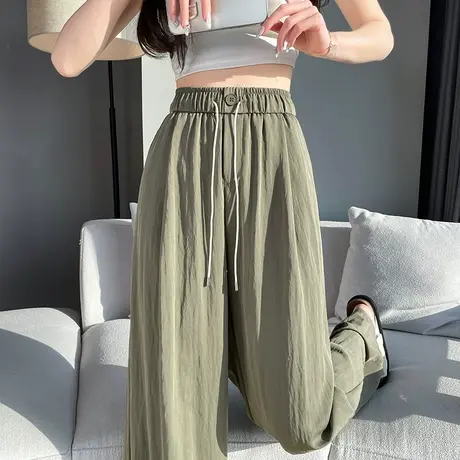 褶皱宽松冰丝阔腿裤女夏季薄款高腰显瘦垂感宽松休闲裤棉麻山本裤图片