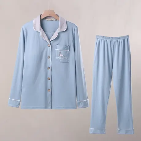 不用穿内衣的睡衣棉两件套女春秋带胸垫长袖家居服套装不穿胸罩商品大图