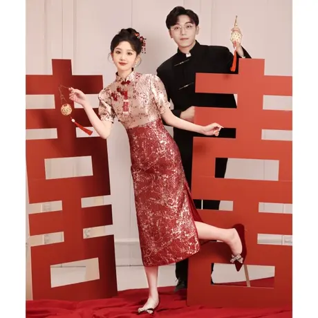 红色旗袍新中式敬酒服新娘2024新款结婚设计感订婚礼服女夏季修身商品大图