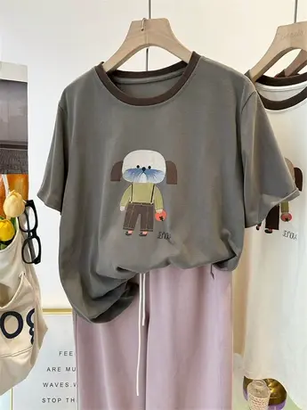 韩国可爱卡通狗春夏印花短袖T恤女 撞色圆领宽松休闲棉t上衣 打底商品大图