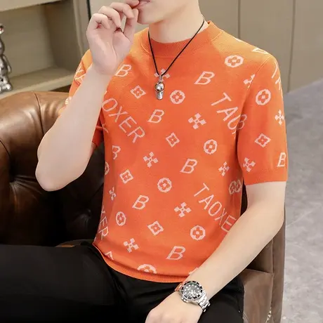 针织短袖T恤男士春秋冬季潮流半高领打底衫休闲帅气时尚提花毛衣商品大图