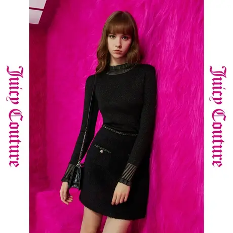 Juicy Couture橘滋秋季装女装年新款黑色探戈烫钻金丝荷叶领毛衣商品大图