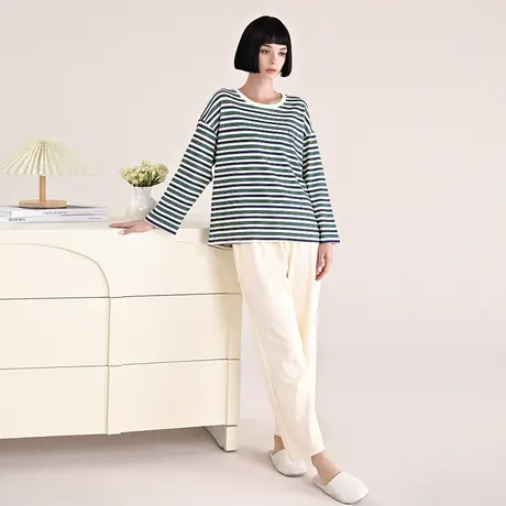 婷美新款睡衣女纯棉春秋款长袖套头圆领简约休闲家居服套装秋冬天图片