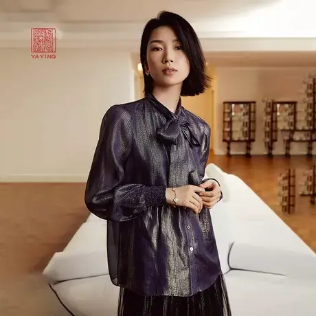 EP雅莹高端系列 飘带领桑蚕丝泡泡袖衬衫女 2023秋冬新款2220A商品大图