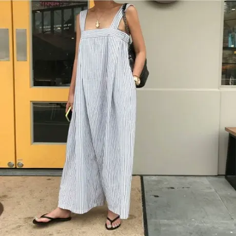 夏装新款吊带条纹连体裤女韩版宽松大码九分阔腿休闲时尚背带裤潮商品大图