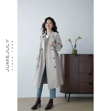 嘉茱莉2023秋季新款韩系休闲长款宽松风衣外套女春秋高级感赫本风商品大图