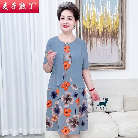 妈妈夏装连衣裙短袖洋气质雪纺裙子50岁阔太太2021新款中老年女装图片