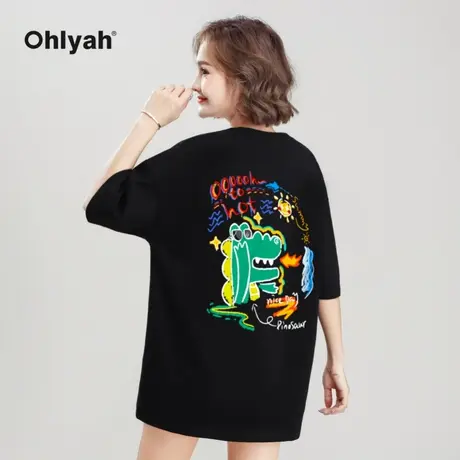 Ohlyah潮牌涂鸦卡通恐龙T恤女宽松纯棉打底情侣装定制学生班服ins商品大图
