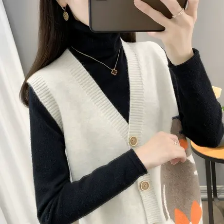 V领针织马甲开衫女短款宽松无袖毛衣上衣提花韩版坎肩背心毛衫秋图片